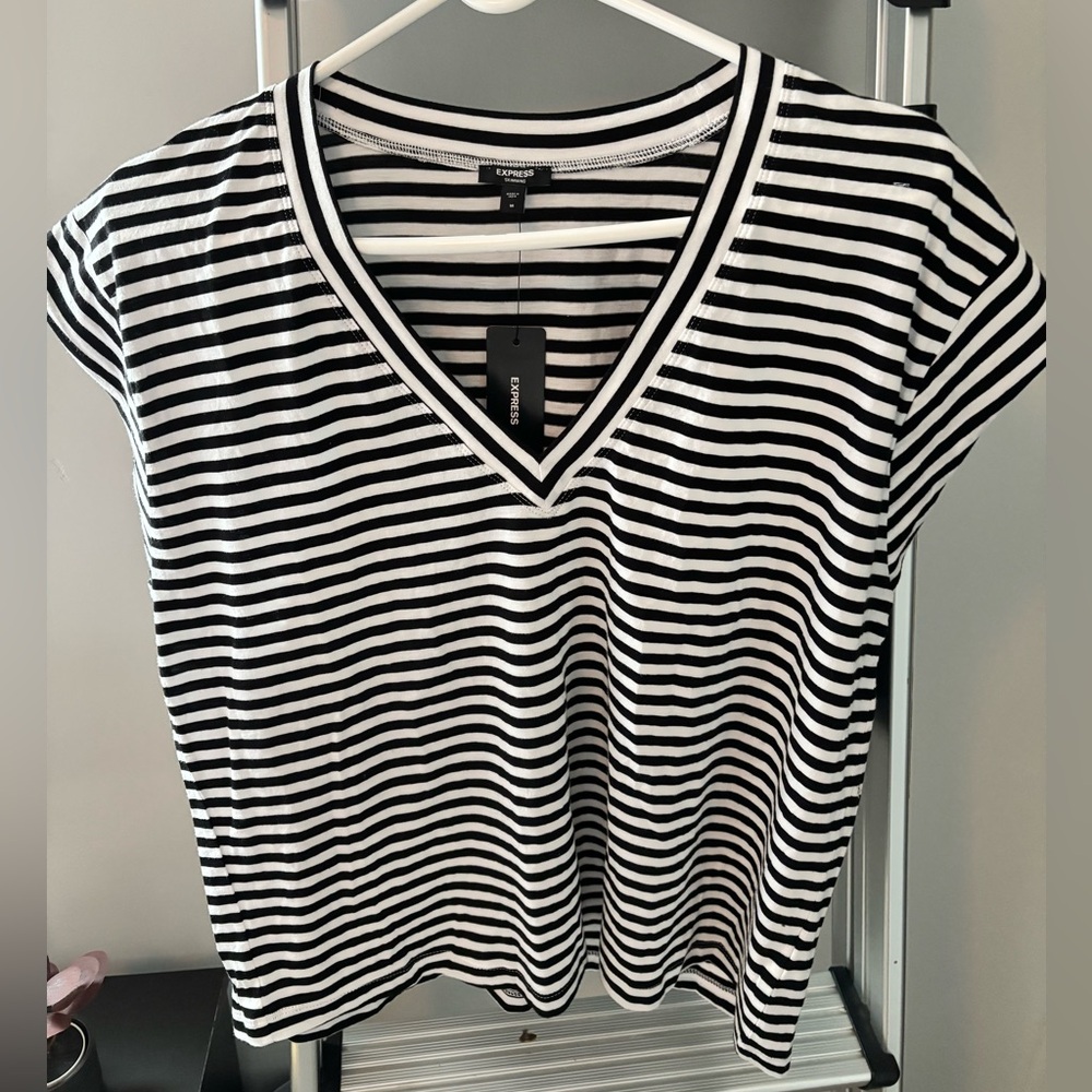 Express Black and White Striped V-Neck Tee
